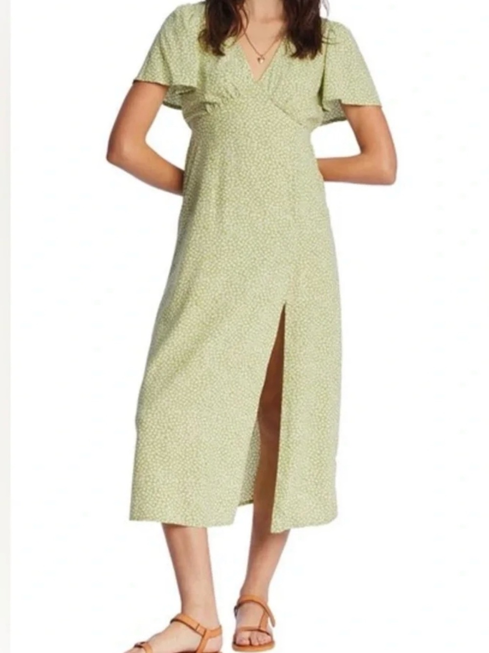 Billabong Light Green Floral V-Neck Midi Dress with Front Slit